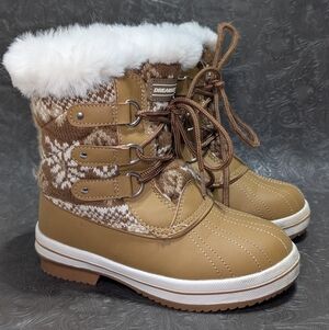 Dream Pairs Girls sz 1 Light Brown Knit Snow Boots with White Fur